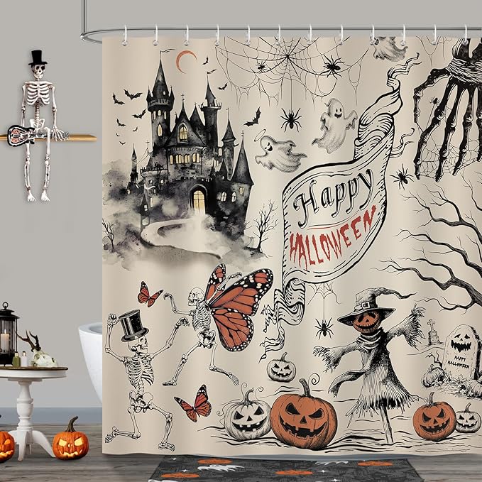 Vintage Halloween Shower Curtain, Gothic Spooky Castle Skull Ghost Pumpkin Shower Curtain Waterproof Polyester for Bathroom with 12 Hooks, 72 x 72 Inches - sugar skull shower curtain set
