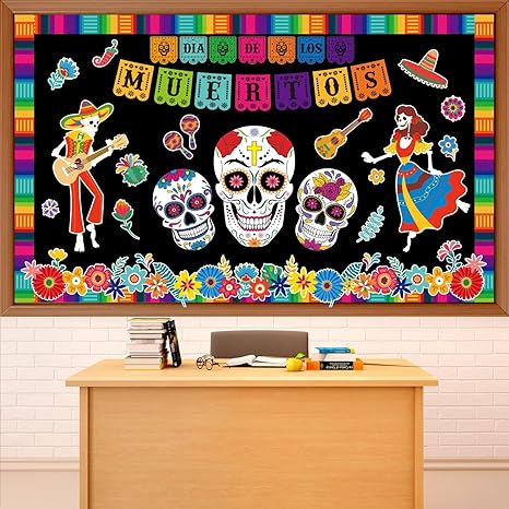 Dia De Los Muertos Bulletin Board Decorations Day of The Dead Altars Decor Colorful Sugar Skull Paper Cutouts Mexican Fiesta Party Supplies for Mexican Home School Halloween Holiday Wall Decor - sugar skull canvas wall art