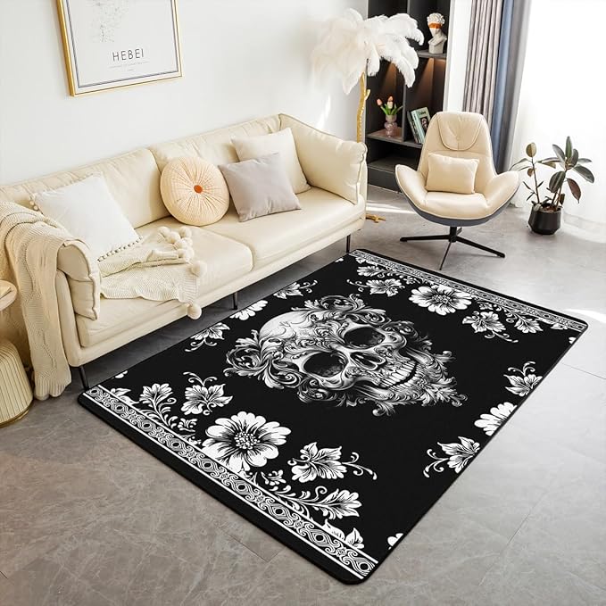 Erosebridal Sugar Skull Area Rug 4'11" x 3'3" for Bedroom Living Room Playroom,Halloween Skull Carpet,Gothic Skeleton Indoor Floor Mat Non Slip,Vintage Floral Decorative Rug - sugar skull area rug