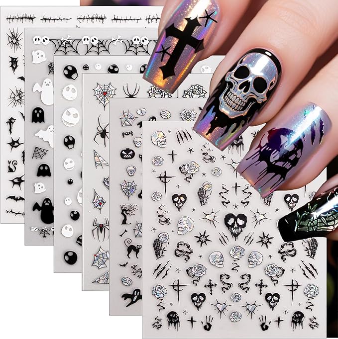 6 Sheets Halloween Nail Stickers – Black & White Holographic Gothic Ghost Skull Spider Web Nail Art Decals, Self-Adhesive Halloween Cute Manicure Decorations for Women Girls DIY Nail Art - sugar skull nail art