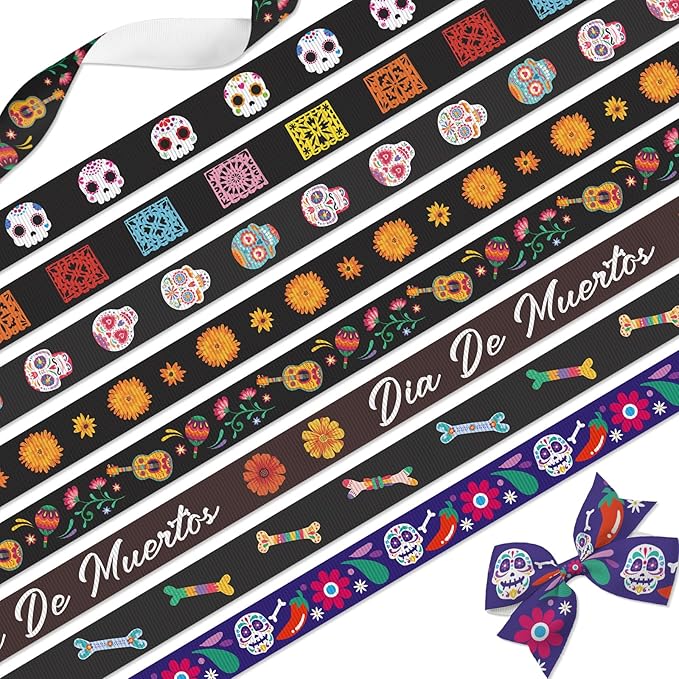 Dia de Muertos Ribbon 8 Pack 3/8" Grosgrain Day of The Dead Sugar Skull Mexican Halloween Ribbons for Decoration Craft Party Supplies 3 Yards Each - sugar skull wreath for front door