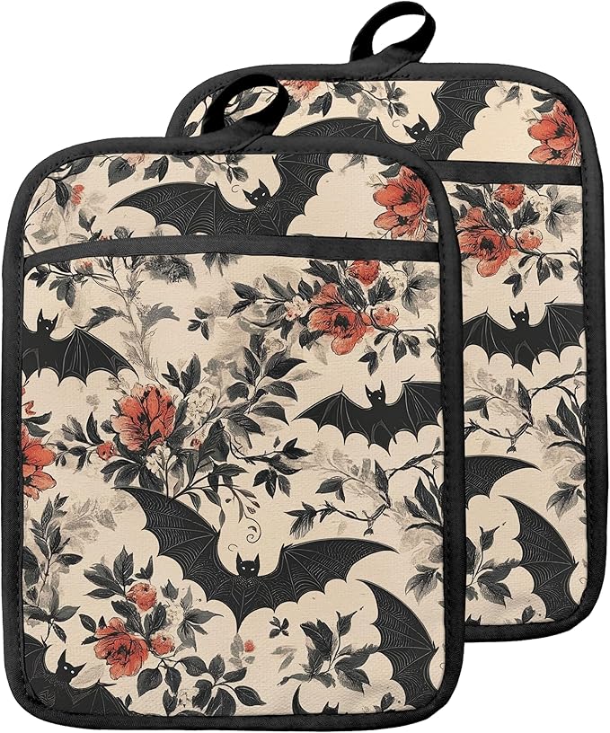 Gothic Halloween Bat Floral Pot Holders with Pockets, Vintage Dark Cottagecore Halloween Oven Pot Holders Heat Resistant Oven Mitts Hot Pads for Kitchen Baking Cooking, Set of 2 - sugar skull oven mitts