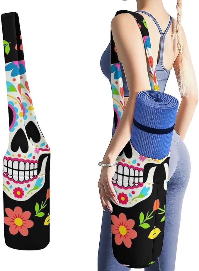 Yoga Mat Storage Bag, Funny Durable Reusable Yoga Mat Holder, Spacious Storage Tote - sugar skull yoga mat