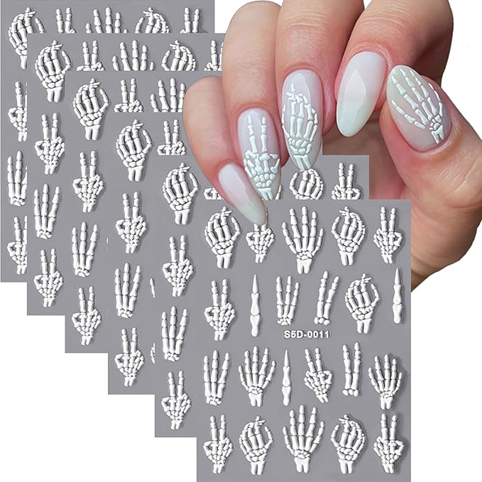 Halloween Nail Stickers Skeleton Nail Art Decals - 6 Sheets 5D Embossed Finger Skull Stickers Self-Adhesive Skull Hand Bones Nail Decals-DIY Manicure Supplies for Women - sugar skull nail art