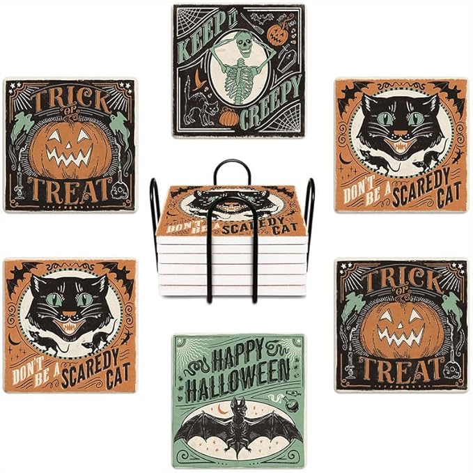 6Pcs Coasters with Metal Holder, Vintage Green Black Halloween Absorbent Square Ceramic Stone Mat Coaster, Drink Coasters Cup Mats for Bar Party Home Office Table Decor Warming Gift - sugar skull coasters set