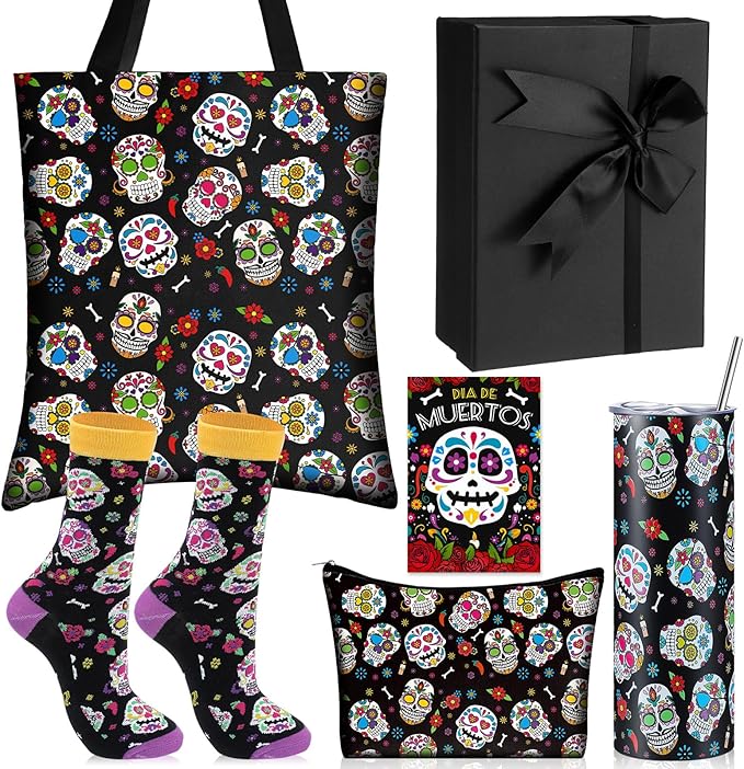 SilTriangle 6 Pcs Christmas Gothic Gifts for Women Include Skull Tumbler Canvas Bag Makeup Bag Sock Greeting Card and Black Gift Box Holiday Spooky Party Favors for Mexican Women Friends - sugar skull handbags for sale