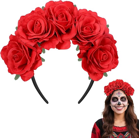 Bigmeta Day of the Dead Crown Headband for Women-Mexican Headpiece for Dia De Los Muertos Halloween Party Costume Accessories - sugar skull flower crown