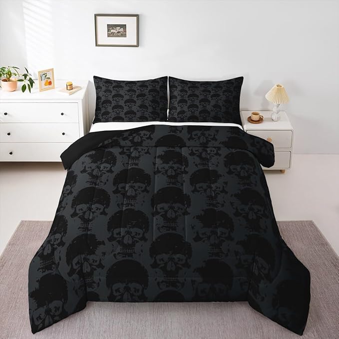 Feelyou Kids Black Gray Sugar Skull Bedding Set Queen Size Gothic Skull Duvet Quilt for Boys Girls Teens Boho Bedroom Decor Halloween Themed Comforter Set Breathable Soft Lightweight Microfiber - sugar skull bedding set