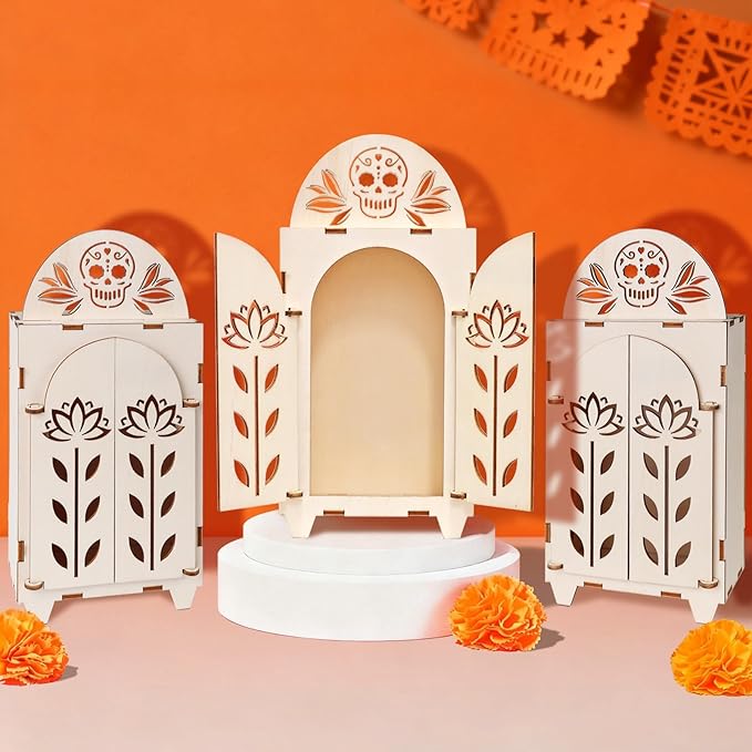 3pcs Dia De Los Muertos Altar Ofrenda Kit, Wooden Sugar Skull Day of The Dead Altar, Mini Ofrenda Shadow Box for Dia De Los Muertos Decorations, Halloween, Thanksgiving, Christmas Remembrance - sugar skull christmas decorations
