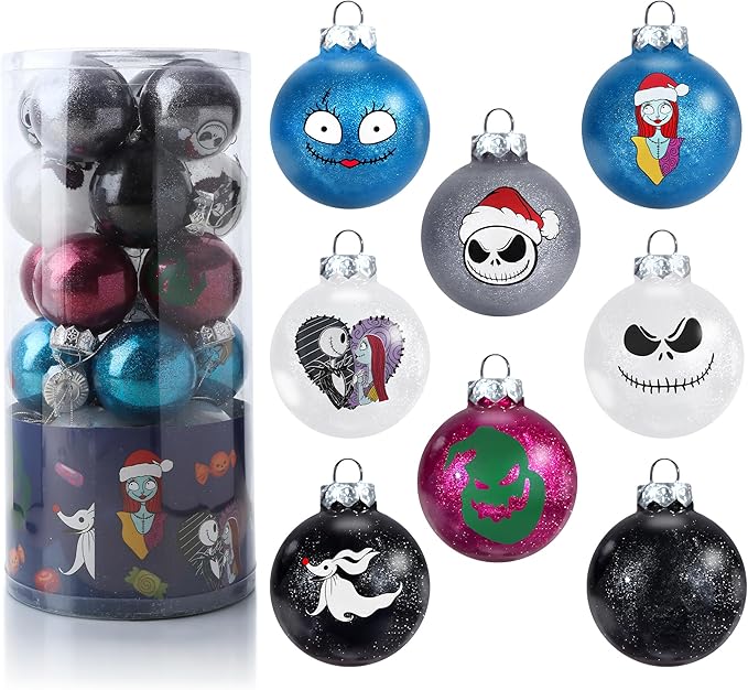 24Pcs Nightmare Christmas Ball Ornaments Set, Skull Pattern Jack Sally Xmas Tree Decorations, Plastic Shatterproof Halloween Holiday Hanging Balls Decor (2.36”/60mm) - sugar skull christmas decorations