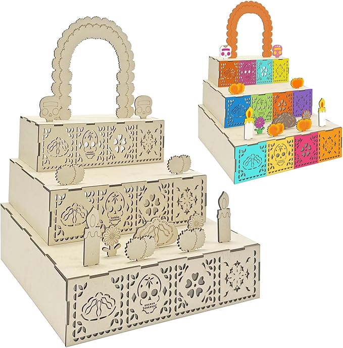 3 Tier Dia De Los Muertos Altar Ofrenda Kit, Wooden Sugar Skull and Papel Picado Day of The Dead Altar with 11pcs Wood Blocks, Mini Ofrenda Shadow Box for Dia De Los Muertos Decorations, Cemetery - sugar skull candle holder