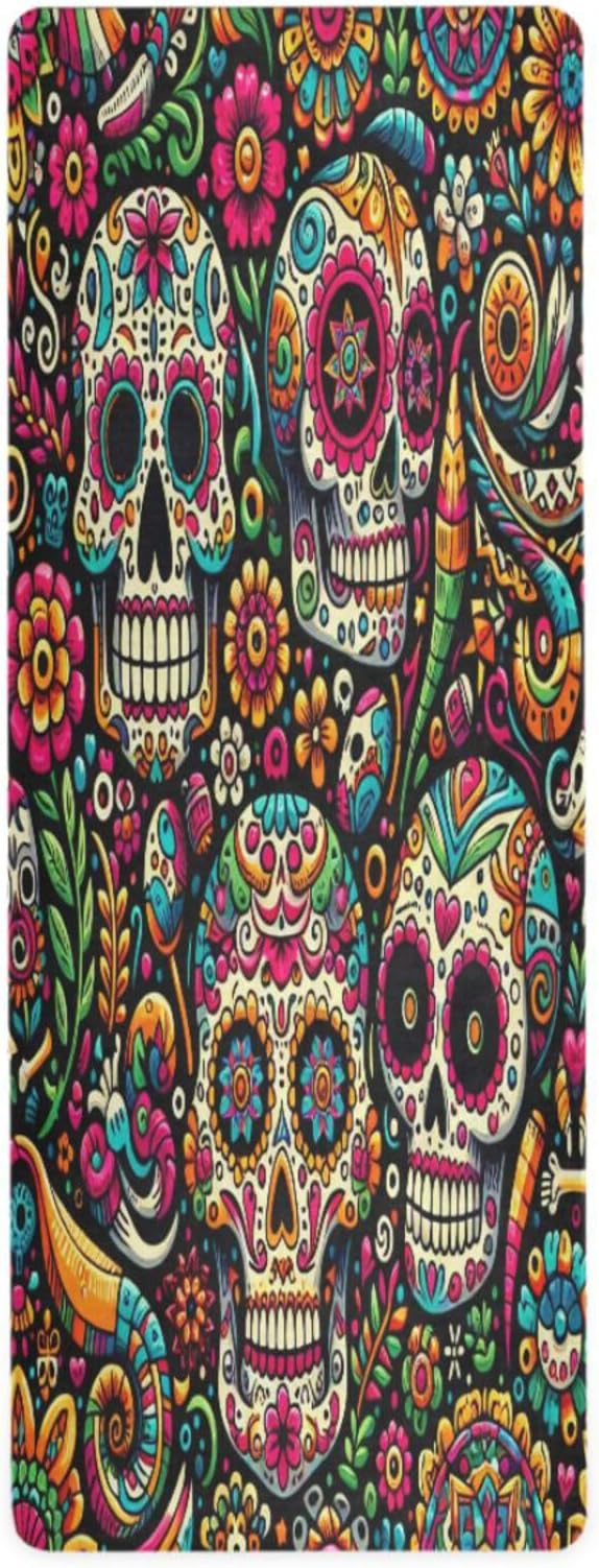 Sugar Skull Pattern Yoga Mat Durable & Thick Gym Fitness Mat,Non Slip Natural Rubber Yoga Mat for Yoga, Pilates & Floor Workouts - sugar skull yoga mat