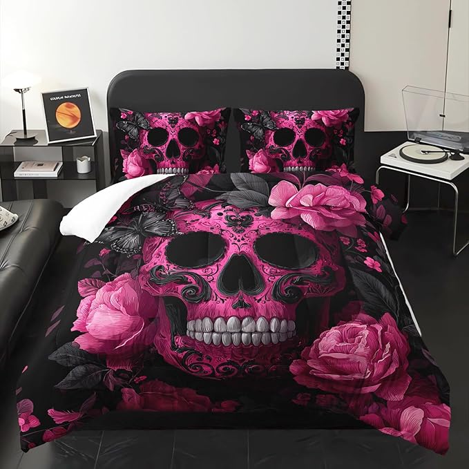 Black and Pink Skull Butterfly Flower Design Comforter Set Queen Sets，Quilt Queen Size Bedding Set Gothic，Skull Quilts Queen Size，with 1 Comforter with 2 Pillow Case - sugar skull bedding set