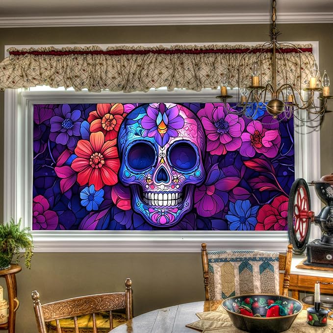 39.3x17.7 Inch Day of The Dead Sugar Skull Privacy Window Film Halloween Colorful Floral Skull Window Sticker Día de Los Muertos Window Decal for Glass Door Stained Glass Style Decor - sugar skull vinyl sticker