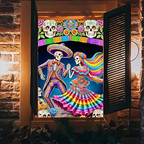 Día de los Muertos Window Banner Skeleton Dancers Colorful Papel Picado Sugar Skull Polyester 31x47 Inch Window Cover Window Banner Window Decoration Holiday Decor Party Backdrop Season - sugar skull nail art