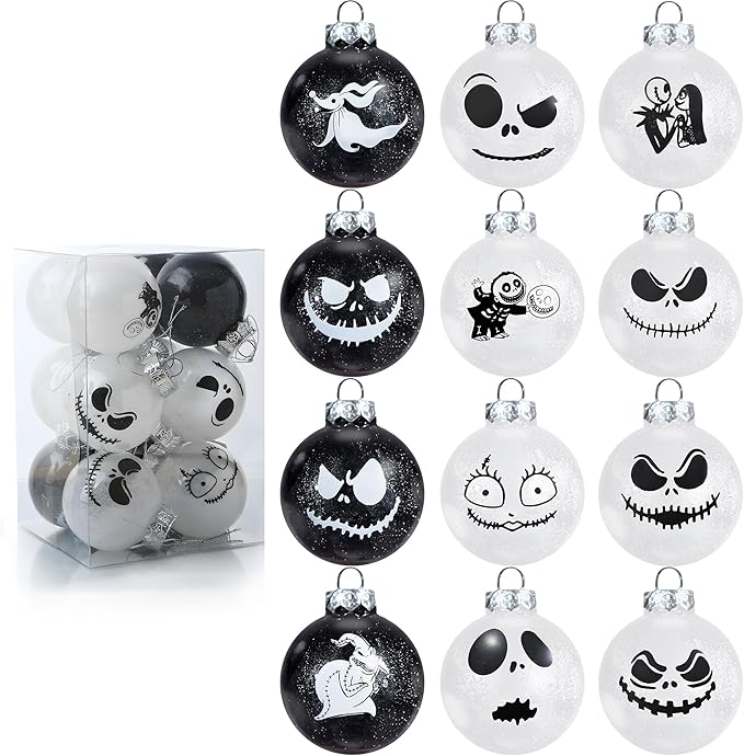 12Pcs Nightmare Christmas Ball Ornaments Set, Skull Pattern Jack White and Black Xmas Tree Decorations, Plastic Shatterproof Hanging Balls Halloween Decor (2.36”/60mm) - sugar skull christmas ornament
