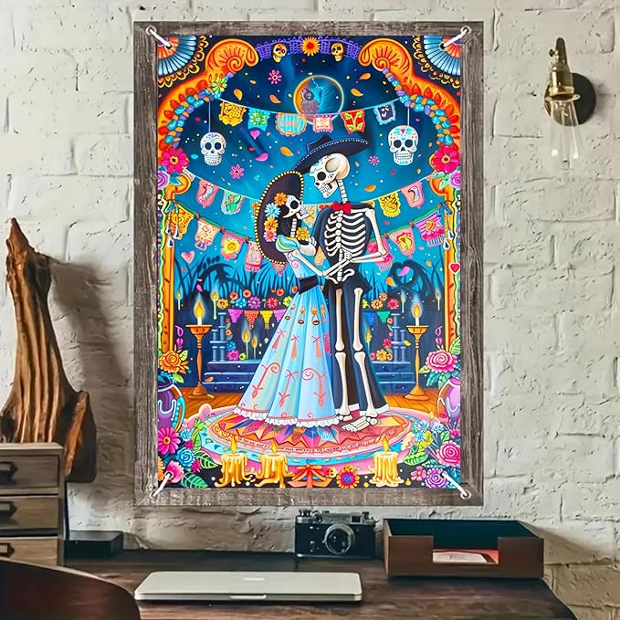 Día de los Muertos Window Banner Skeleton Dancers Papel Picado Sugar Skull Floral Polyester 31x47 Inch Window Cover Window Banner Window Decoration Holiday Seasonal Decor - sugar skull nail art