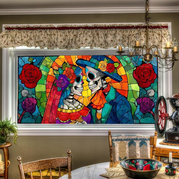 Day of The Dead Window Film 39.3x17.7 Inch Halloween Skeleton Couple Stained Glass Window Decal Día de Los Muertos Window Sticker for Glass Door Mexican Sugar Skull Decor - sugar skull vinyl sticker