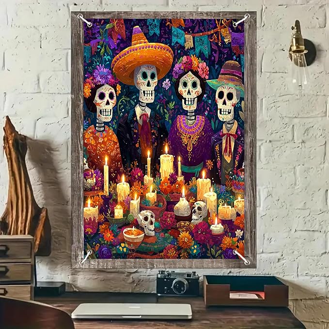 Día de los Muertos Window Banner Sugar Skull Altar Papel Picado Floral Design Colorful Glass Polyester 31x47 Inch Window Cover Window Banner Window Decoration Holiday Party Decor - sugar skull nail art