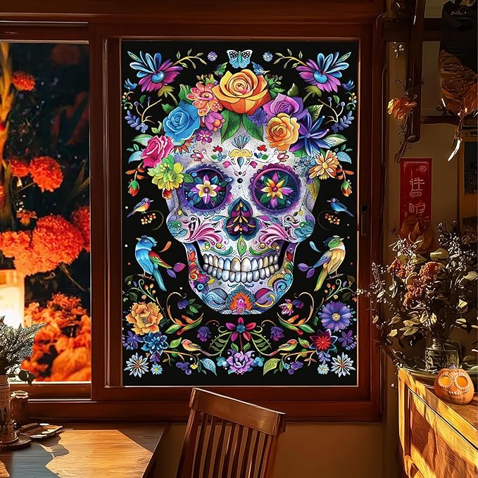 Day of The Dead Window Film 24x36 Inch PVC Sugar Skull Window Decal with Floral Butterfly Bird Art Static Halloween Día de Los Muertos Window Sticker for Glass Door or Wall Decoration - sugar skull canvas wall art