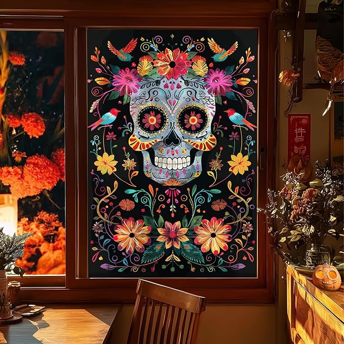 Sugar Skull Stained Glass Window Film 24x36 Inch PVC Day of The Dead Halloween Window Cling with Bright Floral Bird Art Static Window Sticker for Glass Día de Los Muertos Decoration - sugar skull wine glass