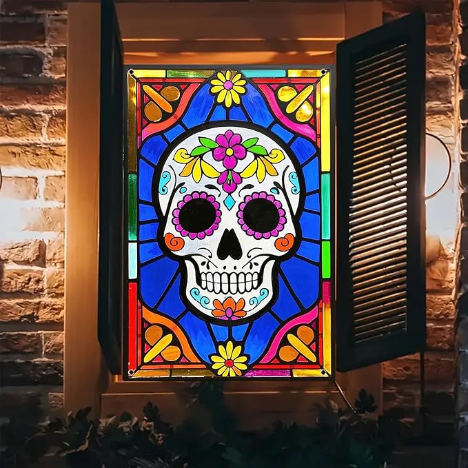 Dia de los Muertos Window Banner Sugar Skull Stained Glass Design Colorful Floral Polyester 31x47 Inch Window Cover Window Banner Window Decoration Holiday Party Decor - sugar skull wine glass