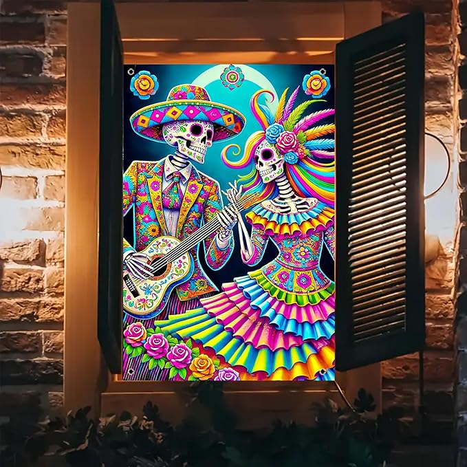 Dia de los Muertos Window Banner 31x47 Inch Skeleton Couple Window Cover Polyester Mexican Day of the Dead Window Decoratio Sugar Skull Wall Banner Halloween Fiesta Display Decoration - sugar skull canvas wall art