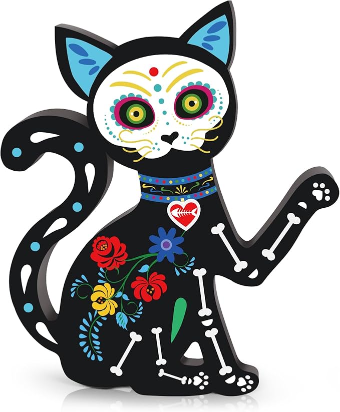 Dia De Los Muertos Decorations Day of The Dead Black Cat and Dog Figurines Table Wooden Figurine Sign Decor for Halloween Home Office Desk Mantle Party Supplies(Cat) - sugar skull figurine collectible