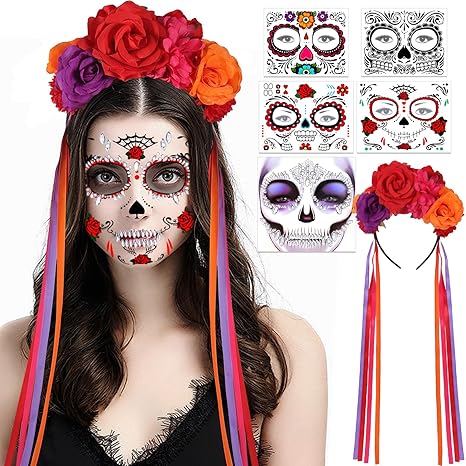 HOWAF Day of the Dead Women Costume - Dia de los Muertos Rose Flower Crown Sugar Skull Face Tattoos Skeleton Face Gem, Mexican Floral Headpiece Day of the Dead Faces Tattoos for Halloween Cosplay - sugar skull flower crown