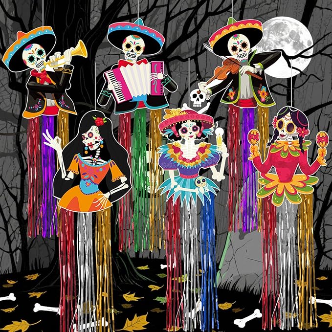 6Pcs Day of The Dead Sugar Skull Hanging Decor Outdoor Dia De Los Muertos Hanging Decorations for Mexican Halloween Party Home Outdoor Decor - sugar skull christmas ornament