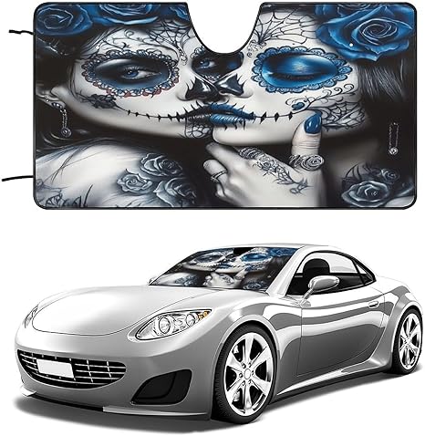 Blue Sugar Skull Windshield Sun Shade Foldable Windshield Cover Blocks UV Rays Car Interior Accessories - sugar skull car sunshade for windshield