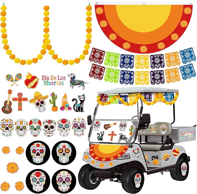 R HORSE 29Pcs Day of The Dead Golf Cart Decoration Kit, Mexican Party Banner Marigold Garland Burlap Bunting Flag Waterproof Sugar Skull Sticker Decor Dia De Los Muertos Party Supplies - sugar skull vinyl sticker