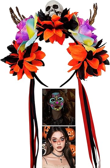 Day of the Dead Accessories Set, Crown Headband & UV Black Light Sugar Skull Tattoo, Mexican Festival - sugar skull flower crown