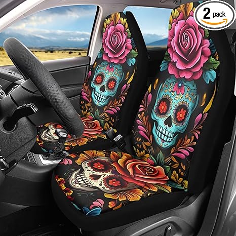 Sugar Skull Rose Pattern Car Seat Cover Auto Cushion Cover Car Interior Decoration Bucket Seat Cover, Vehicle/SUV/Truck Seat Cover Universal Fit, Pack of 2 - sugar skull car seat covers set