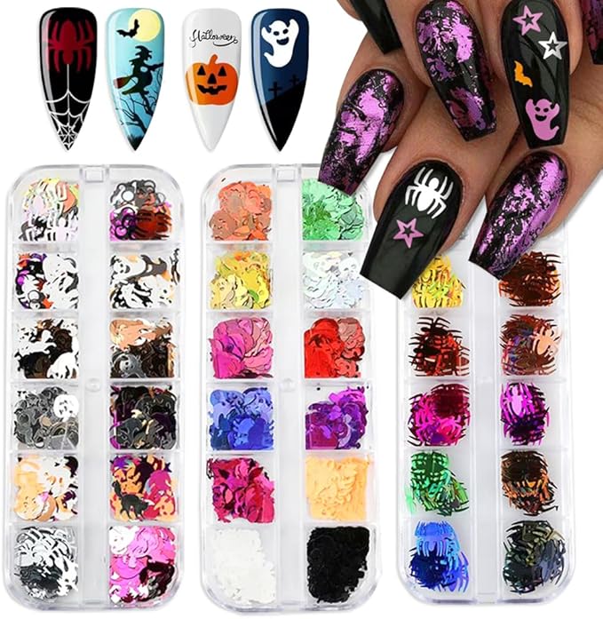 3 Boxes Halloween Nail Art Sequins 3D Holographic Spider Pumpkin Face Ghost Witch Skull Nail Art Glitter Sequins Halloween Nail Decoration Supplies for Women (36 Grids) - sugar skull nail art