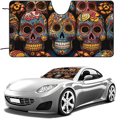 Colorful Sugar Skulls Car Windshield Sun Shade Keep Car Interior Cool 51"x28" Folding Front Window Sun Shade, Heat Shield for SUV, Truck, Blocks UV - sugar skull car sunshade for windshield