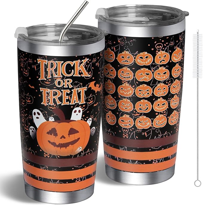Horror Halloween Tumbler With Lid and Straw, Halloween Coffee Mugs 20oz Gift for Women, Spooky Insulated Stainless Steel Travel Cup Gifts for Women, Men, Horror Movie Lovers - sugar skull tumbler with straw