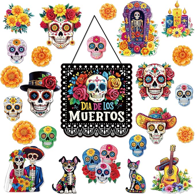 Day of The Dead Decorations - DIY Sugar Skull Cutouts Day of The Dead Sign Day of The Dead Colorful Sugar Skull Cutouts Halloween Party Supplies, 25 Piece Set - sugar skull christmas ornament