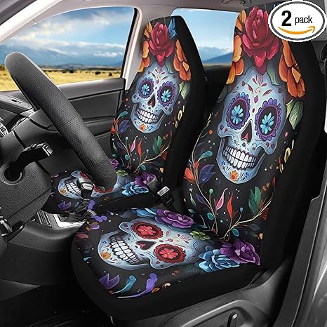 Sugar Skull Print 2 Pack Car Seat Covers, Wear-Resistan Automotive Seat Cushion Cover Anti-Slip Vehicles Interior Covers Fit for Vans SUV Truck - sugar skull car seat covers set