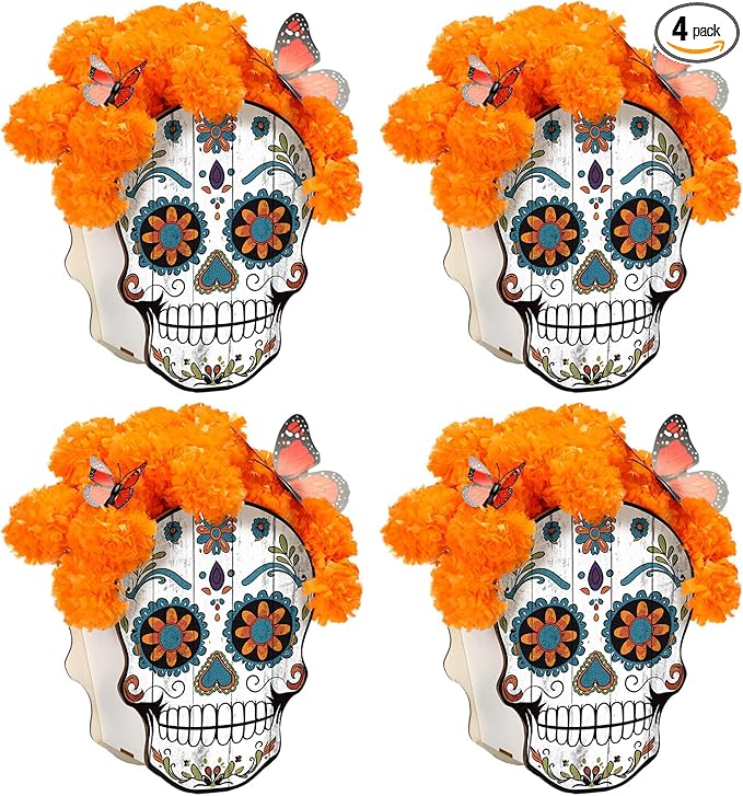 Amyhill 4 Pcs Day of The Dead Decor Sugar Skull Table Decor Day of The Dead Wooden Centerpieces Tabletop Marigolds Vase Party Favor for Eye Catching Dia De Los Muertos Party Decorations - sugar skull christmas decorations