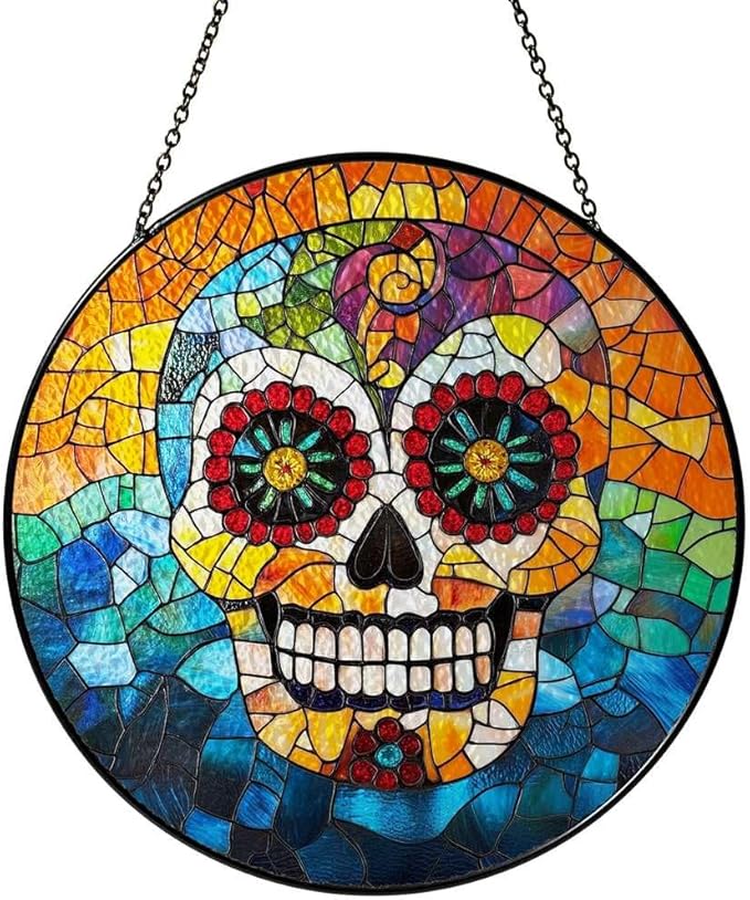 Stained Glass Sugar Skull Ornaments Suncatcher - Sugar Skull Decor Gifts for Women Men Spooky Lovers - Window Hanging Decorations for Home Wall Kitchen - Christmas Birthday Housewarming Gift - sugar skull christmas ornament