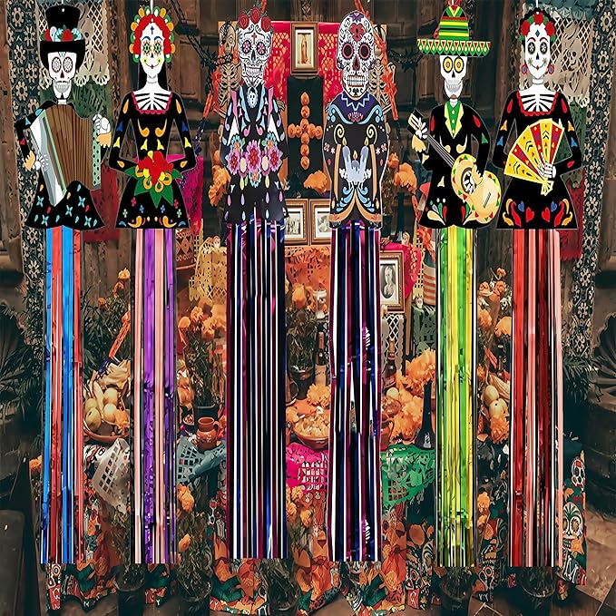 6 Pcs Day of The Dead Sugar Skull Hanging Decorations,Outdoor Dia De Los Muertos Party Decorations with Tassels Mexican Day of The Dead Halloween Decor - sugar skull christmas ornament