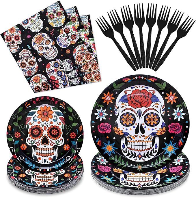 96 Pieces Day of the Dead Tableware Set - Mexican Sugar Skull Pattern Disposable Plates, Napkins, and Forks for Dia de los Muertos, Halloween, Fiesta, and Cultural Celebrations – Serves 24 - sugar skull plates set