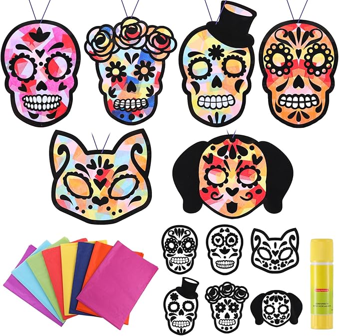 Wovnet 30 Sets Day of The Dead Crafts for Kids Skull Tissue Paper Sign Crafts Kit DIY Sugar Dia De Los Muertos Tissue Paper Bulk for Halloween Mexican Home Classroom Decorations Party Supplies - sugar skull plates set