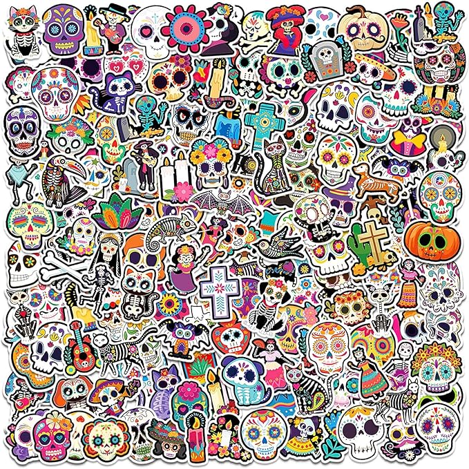 200 Pcs Day of The Dead Stickers,Skull Stickers Vibrant Skeleton Bat Tombstone and Candle Decor for Laptop Water Bottle Luggage Phone Crafts - sugar skull candle holder