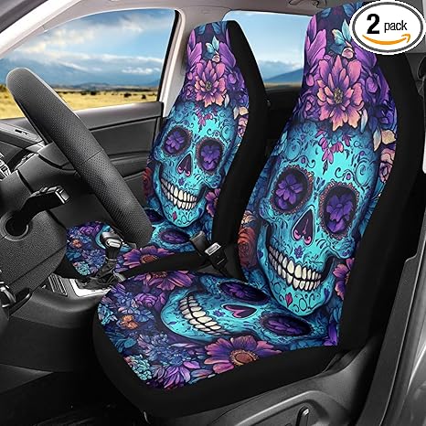 Sugar Skull Flower Print 2 Pieces Car Front Seat Covers Washable High Back Car Seat Cover Elastic Auto Accessories Bucket Seat Cover Fit for SUV Truck Sedan - sugar skull car pet seat cover
