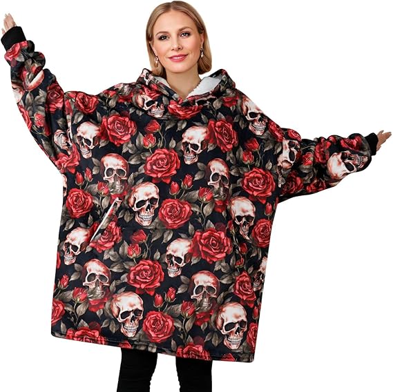 Sugar Skull Gifts for Women, Oversized Flannel Hooded Blankets, Gifts for Birthday, Christmas, and so on, One Size Fits Most - sugar skull throw blanket