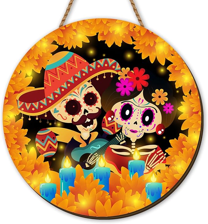 Yarcooly Dia De Los Muertos Door Sign Day of The Dead Ofrenda Front Wooden Wreath Hanging Decor Dia De Los Muertos Decorations for Home Altar - sugar skull wreath for front door