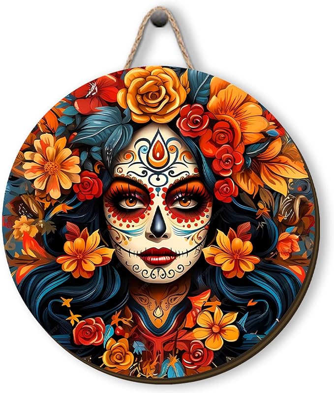 Dia De Los Muertos Wooden Wreaths for Front Day of The Dead Welcome Sign Dia De Los Muertos Decorations for Home Party - sugar skull wreath for front door