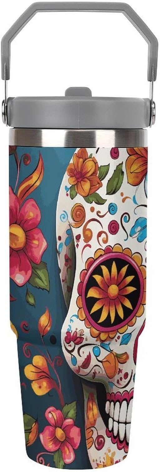 30 Oz Colorful Sugar Skull Tumbler with Handle And Flip Straw, Stainless Steel Vacuum Insulated Travel Coffee Mug, Leak Proof Tumbler with Lid, Baseball Water Bottle Thermal Cup - sugar skull tumbler with straw